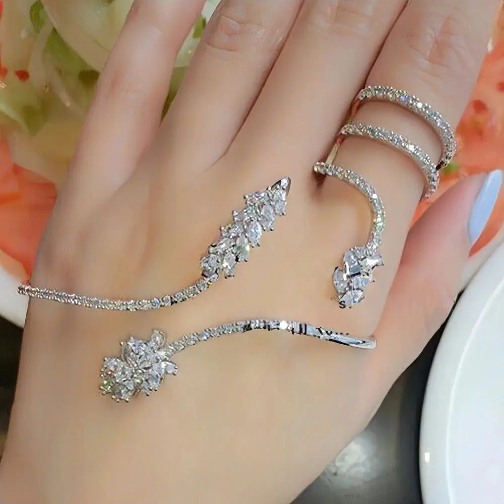 Luxury Designer Palm Bracelet Ring Set Boho Wedding Hand Decoration Elegant Finger Chain Zircon Bangle Jewelry Bridal Handmade Yinkus Jewellery  