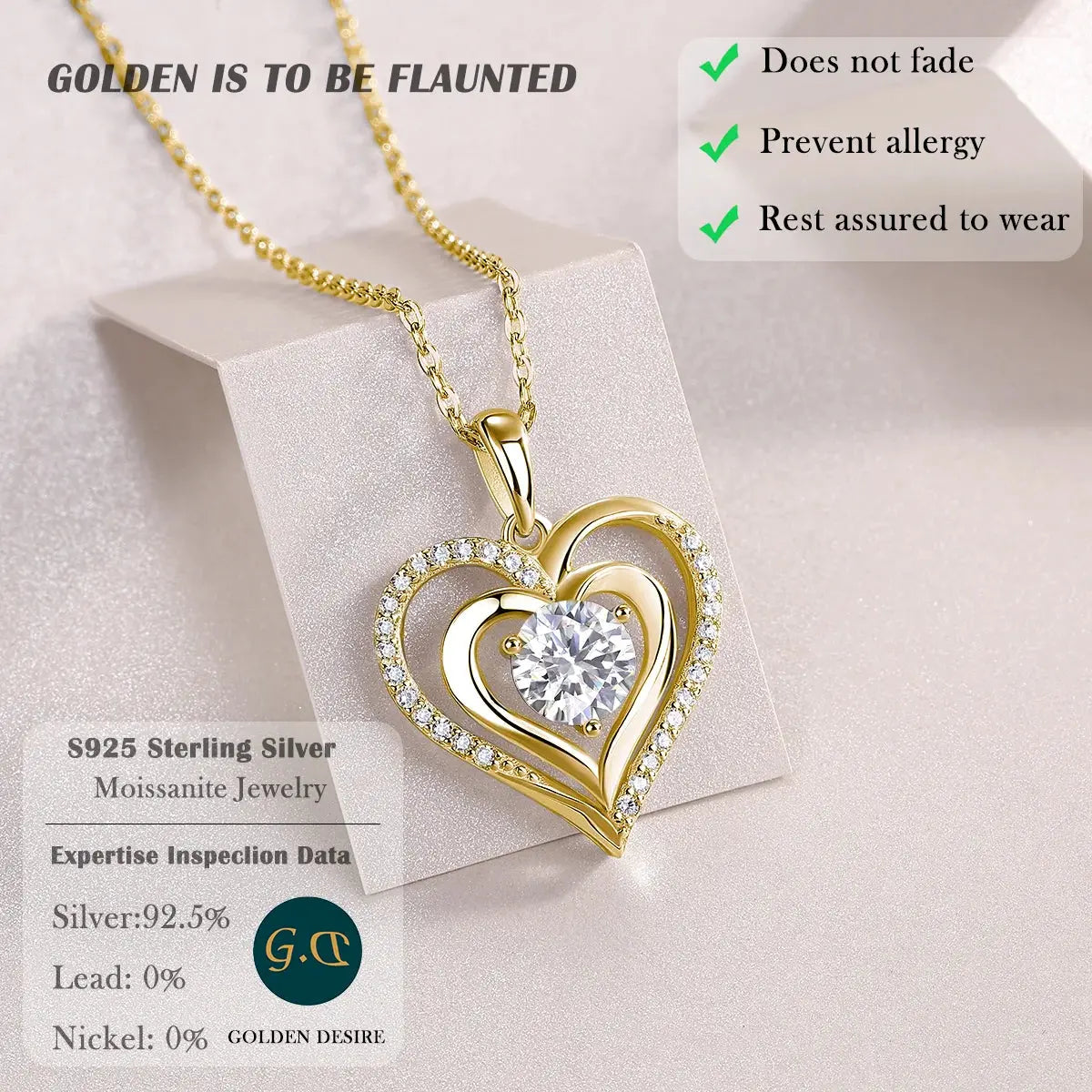 Moissanite Heart Pendant Necklace Gold-Plated - Yinkus Jewellery