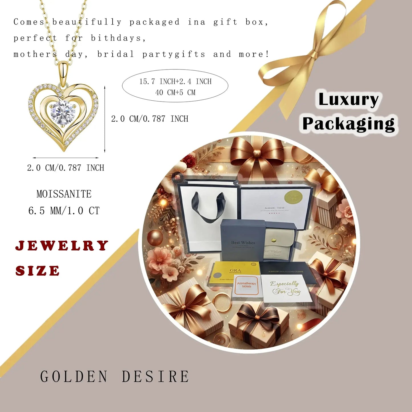 Moissanite Heart Pendant Necklace Gold-Plated - Yinkus Jewellery