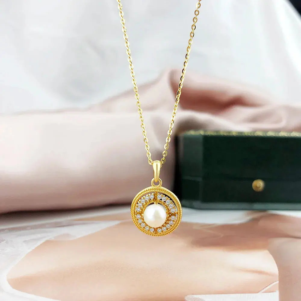 Pearl Pendant Necklace 925 Sterling Silver  14K Gold Plated - Yinkus Jewellery