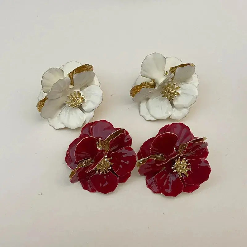 Unique Big Flower Stud Earrings Exaggerate Red Flowers Earrings Korean Style Exquisite White Camellia Earring Statement Jewelry - Yinkus Jewellery