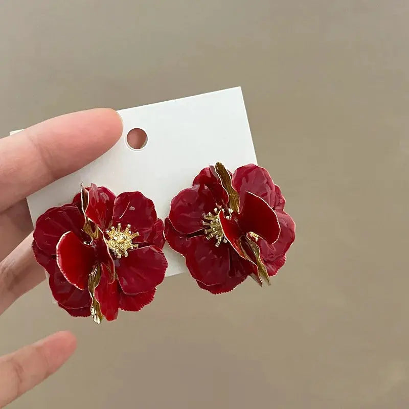 Unique Big Flower Stud Earrings Exaggerate Red Flowers Earrings Korean Style Exquisite White Camellia Earring Statement Jewelry - Yinkus Jewellery